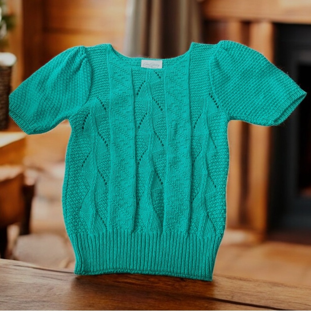 Vintage Cross Country Knits Womens  M Green Cotton Sweater USA Made Short Sleeve